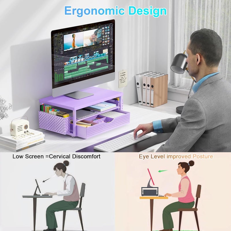 gianotter Wood Monitor Stand Riser, Desk Organizer with Drawer and 2 Pen Holders, 2-Tier Workspace Organizer for Office Supplies (Purple Wood) - Image 3